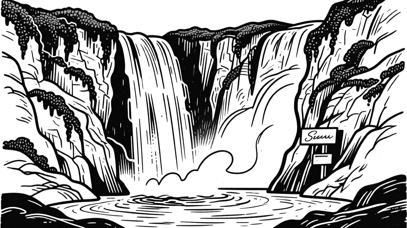 A dramatic waterfall cascading down moss-covered cliffs into a turquoise pool below.