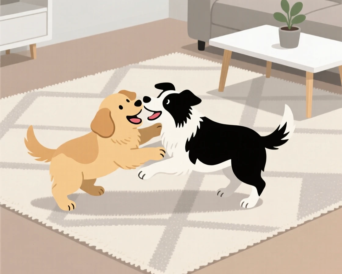 Two puppies wrestling playfully on a soft living room rug.