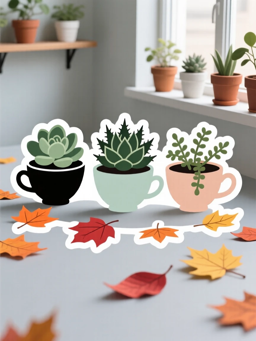 A calm and serene tiny succulent trio in teacups, surrounded by scattered autumn leaves, in a small apartment filled with plants.