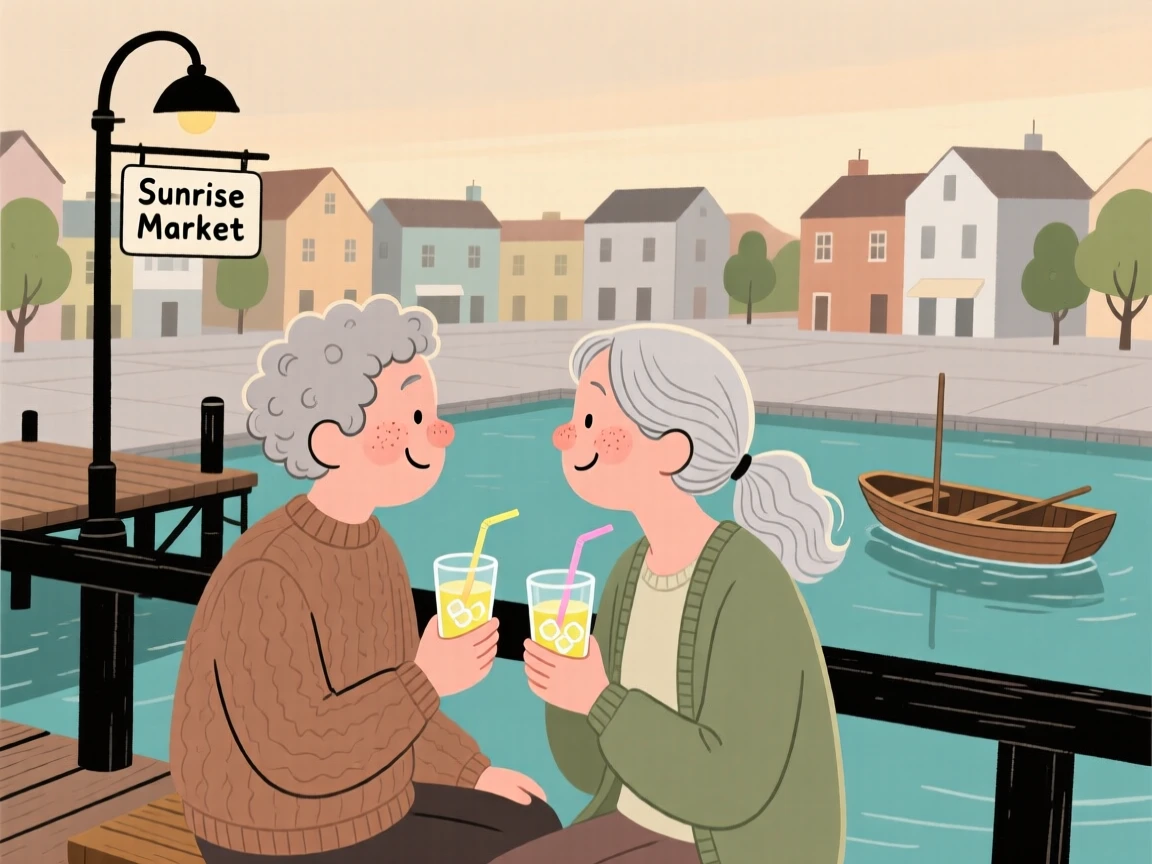 Two old friends sit on a dock railing overlooking the town square below, sharing glasses of lemonade and easy laughter as boats drift lazily across the water.