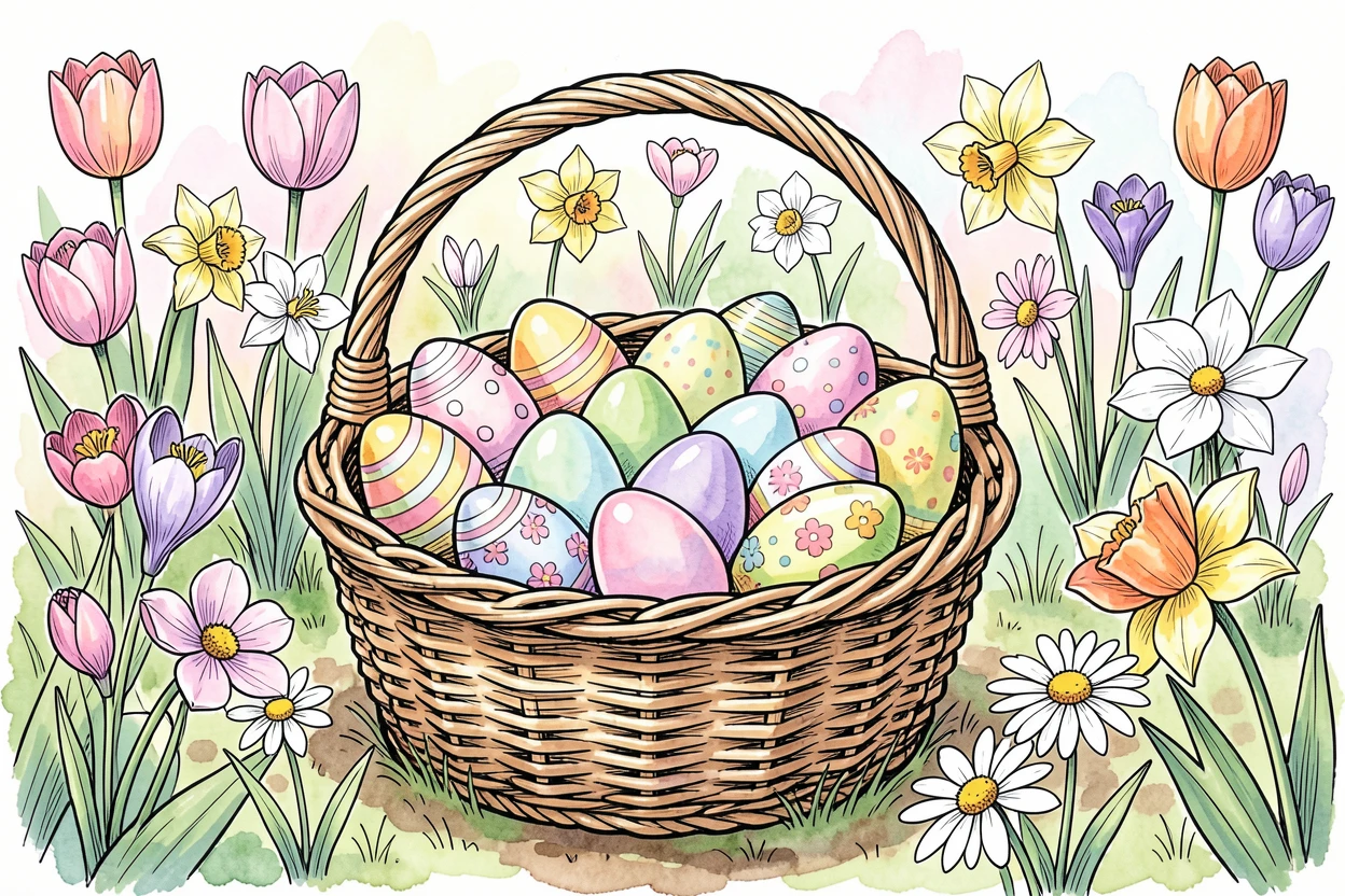 A Easter basket filled with colorful eggs sitting in a garden full of blooming spring flowers