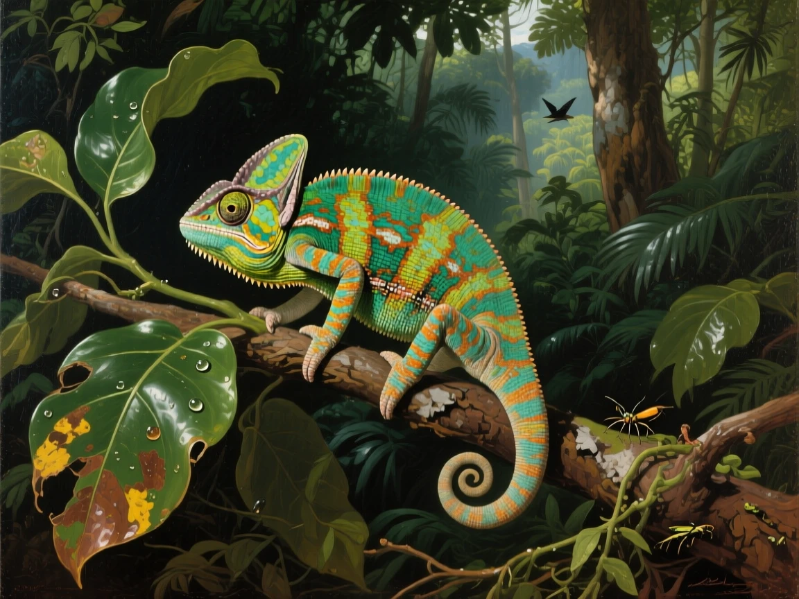A colorful chameleon perched carefully on a leafy jungle branch, surrounded by the untouched beauty of its natural habitat, showing the animal in its truest, most authentic element