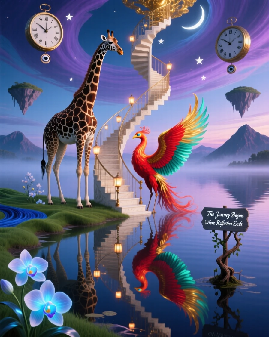 A giraffe whose neck stretches into a spiral staircase wanders along the edge of a mirror-smooth lake, while its reflection shows a completely different creature.