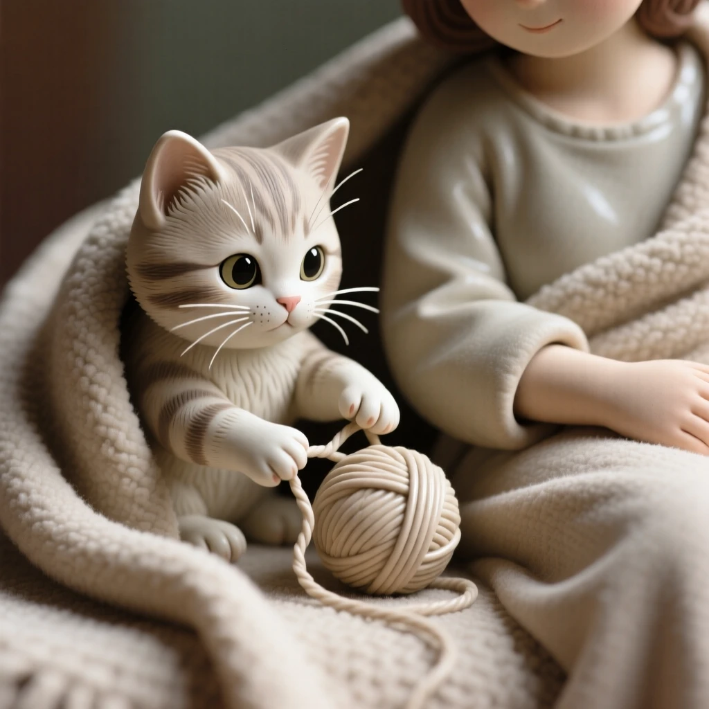 A tiny kitten batting at a ball of yarn nestled cozily against a warm companion, wrapped snugly in a soft cozy blanket, evoking pure, heartwarming sweetness.