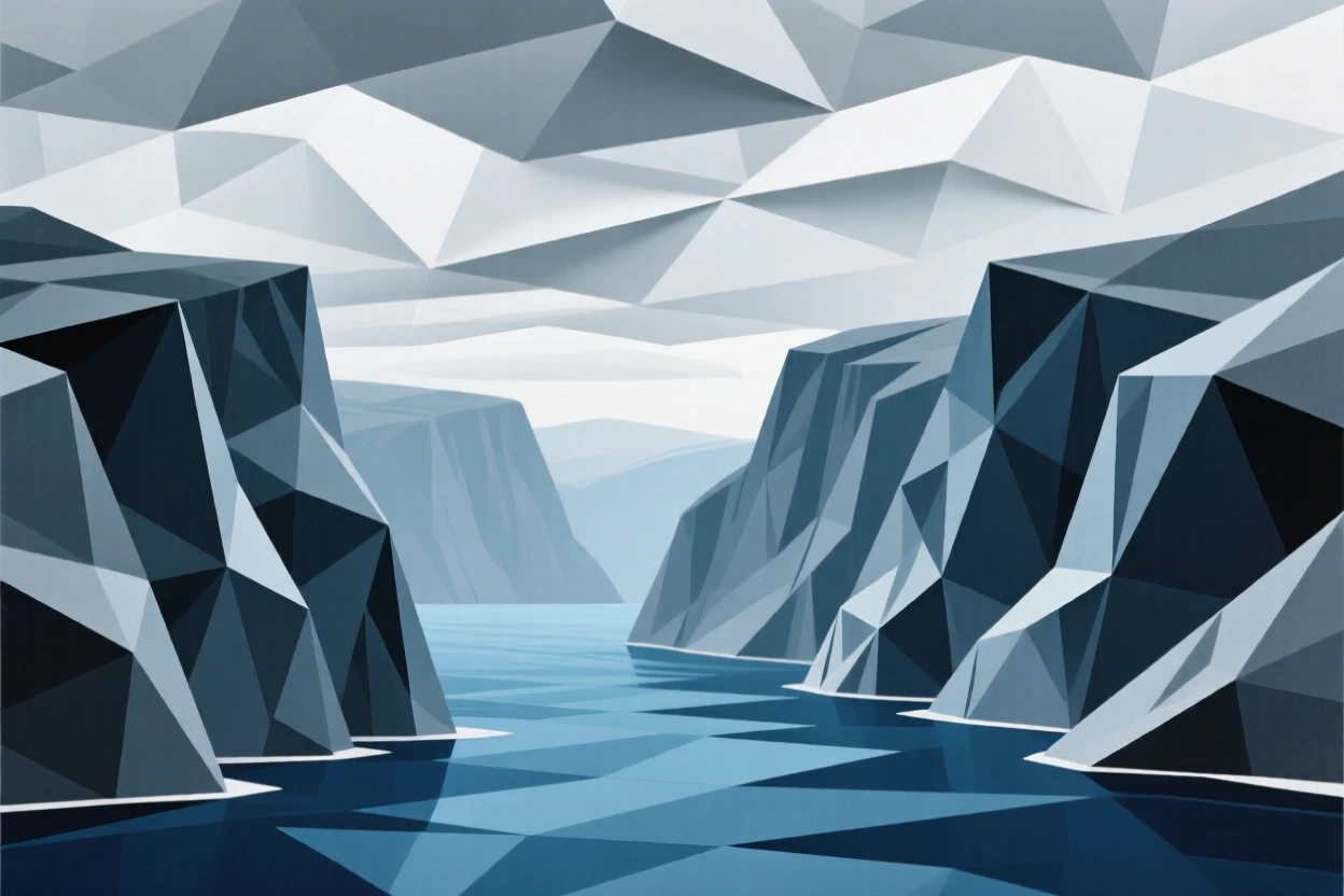 A dramatic fjord with steep cliffs plunging into deep blue water under a cloudy sky.