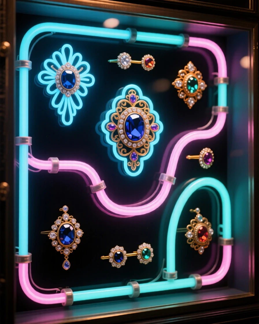 A display case filled with antique brooches and cufflinks.