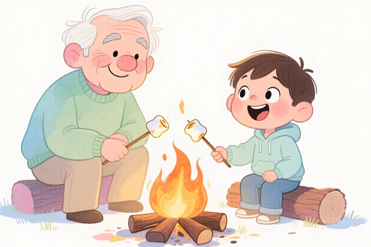 A grandfather and grandchild roasting marshmallows around a backyard fire pit