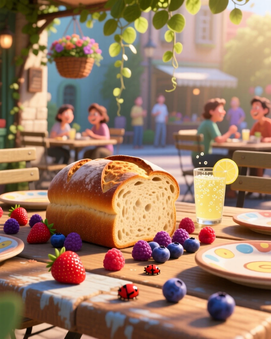 A rustic loaf of sourdough bread sits at a sunny outdoor cafe table, surrounded by scattered fresh berries. The mood is festive and appetizing.