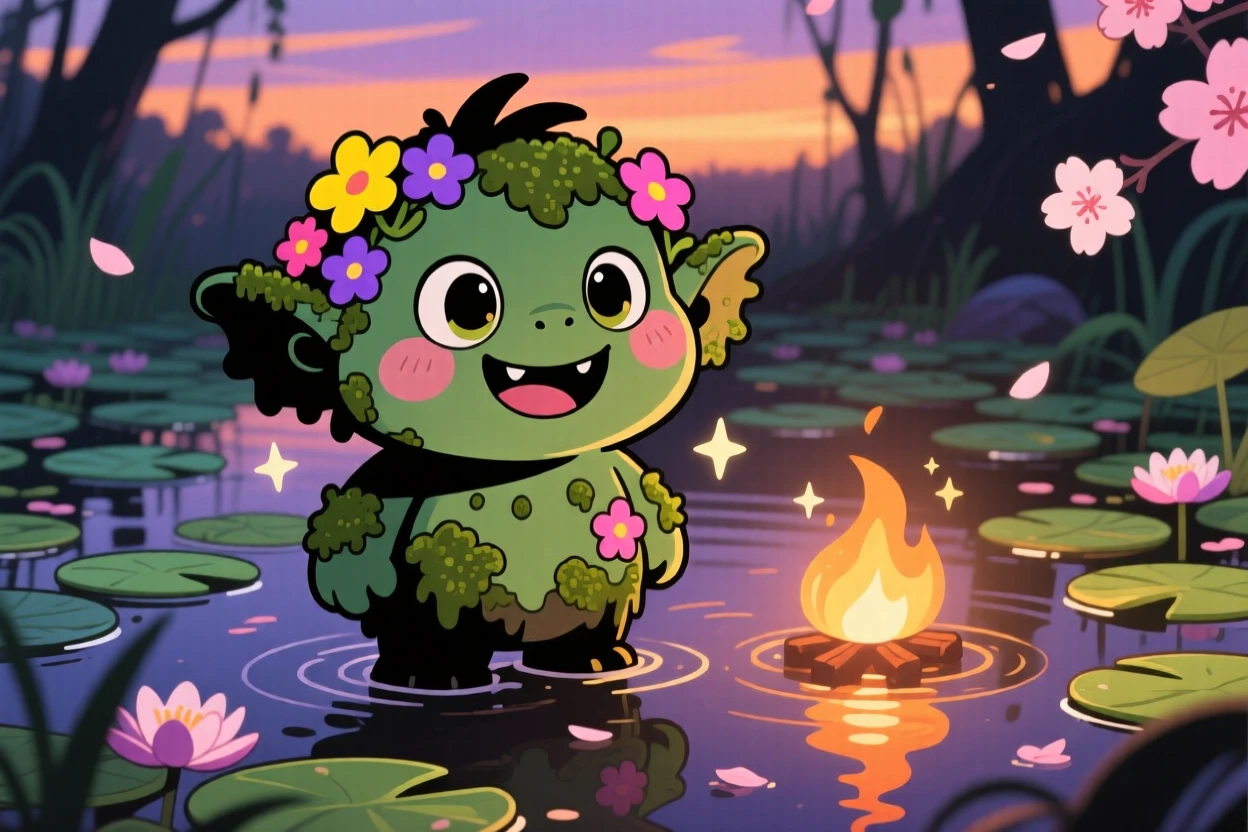 A friendly swamp troll growing flowers from its mossy shoulders in a lily-pad-covered marsh as cherry blossom petals drift on the breeze; cozy firelight washes over the scene as delighted joy fills the moment. Silhouette composition.
