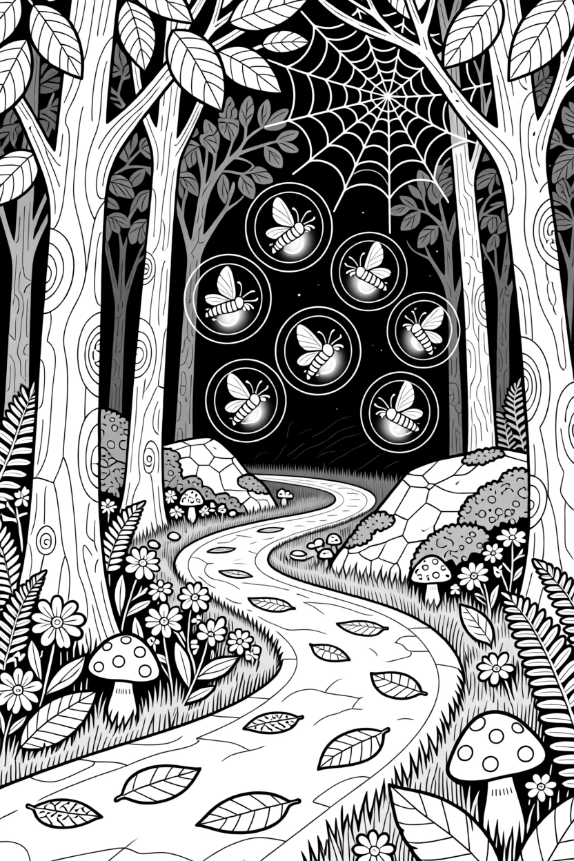 A cluster of fireflies lighting up a dark forest path.