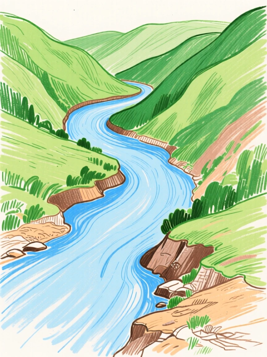 A river winding through a lush green valley.