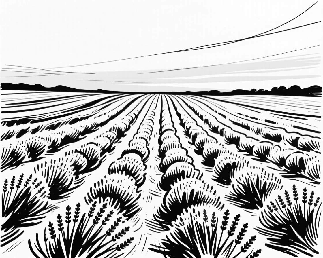 A vast field of lavender stretching to the horizon under a pastel sunset sky.