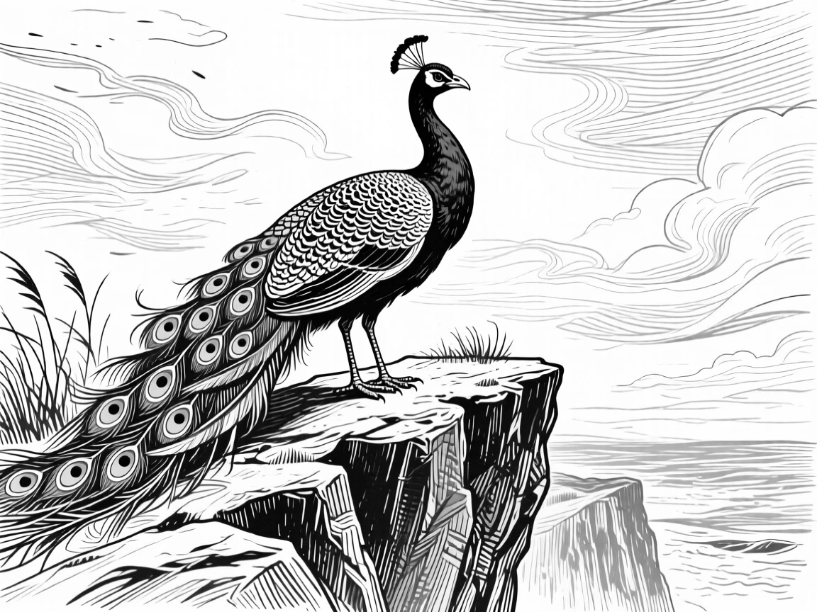 A perched peacock on a windswept cliff, caught in a moment of quiet stillness, capturing a wild and free moment in nature with a strong, centered focal point.