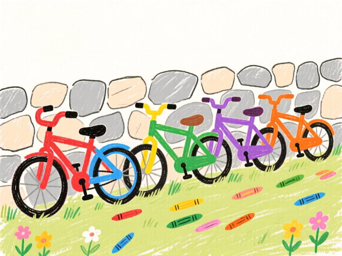 A row of colorful bicycles leaning against a stone garden wall.