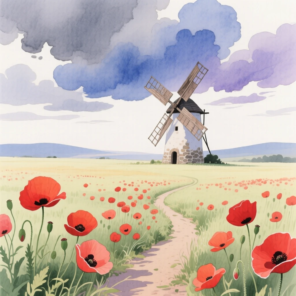 A field of red poppies sways beneath a dramatic sky as a narrow path winds toward an old windmill