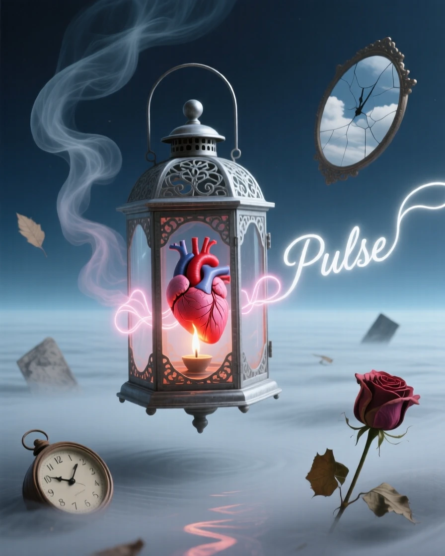 A lantern whose flame is shaped like a tiny beating heart drifts slowly through a space with no clear boundary, as everything else fades quietly into muted color.