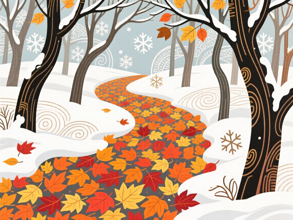 A forest path covered in fallen leaves seen from a quiet overlook, under a blanket of fresh snow.