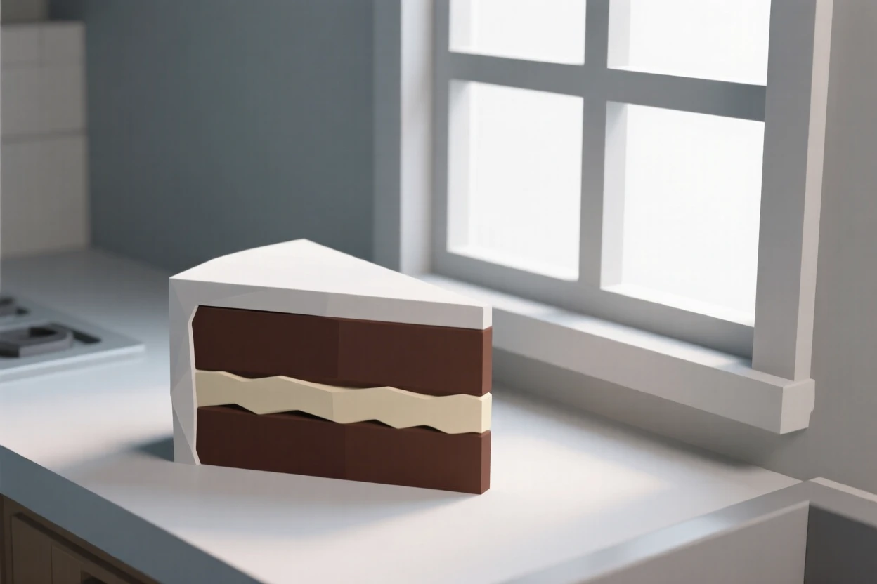A slice of rich chocolate layer cake, beside a sunlit kitchen window. soft natural light highlights rich textures and colors. It captures a simple, joyful moment.