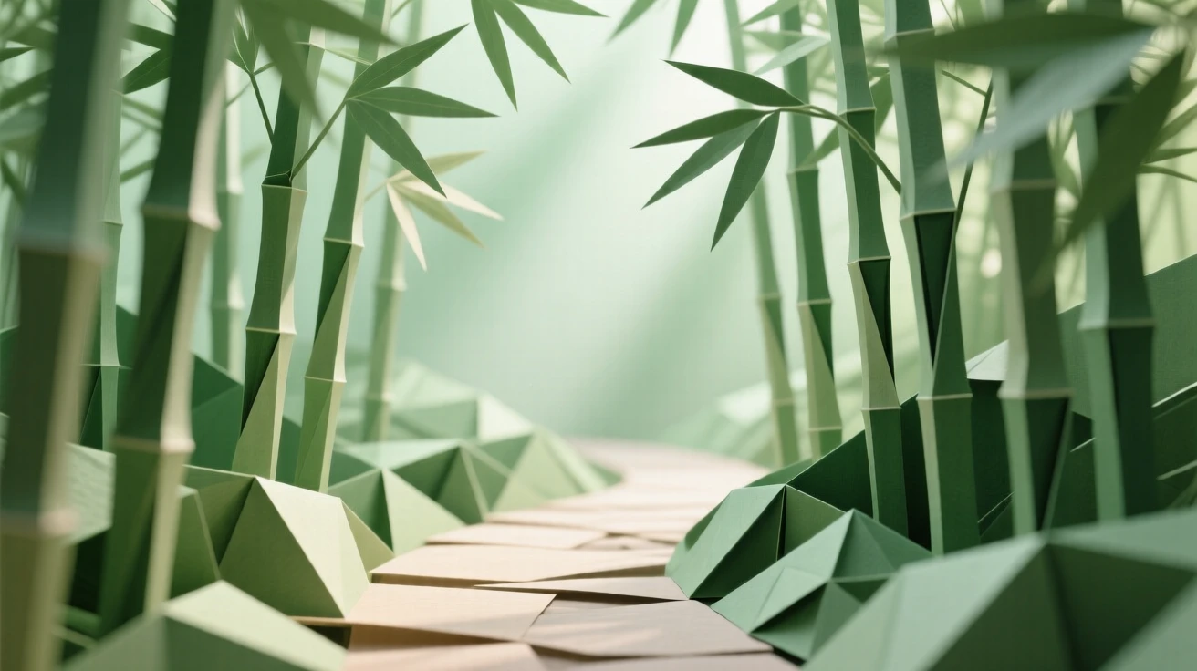 A tranquil bamboo grove path with light filtering through in soft green shafts.