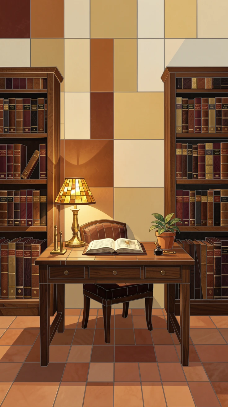 A quiet study filled with warm lamplight and shelves of leather books, with soft warm lighting and an inviting, peaceful atmosphere.