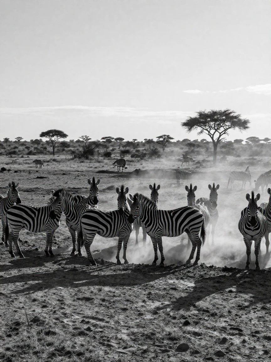 A herd of zebras gathers at a dusty watering hole on the open savanna.