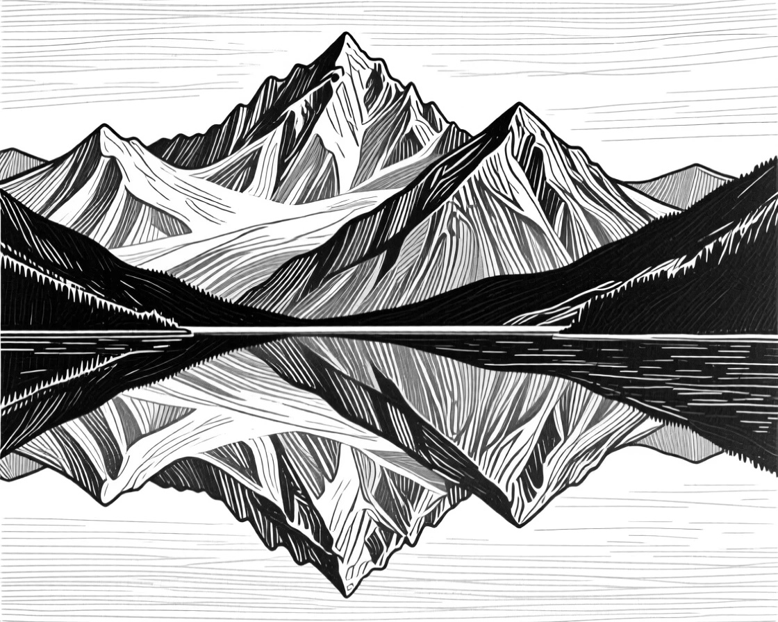 A rugged mountain range reflected perfectly in a still alpine lake at dawn.