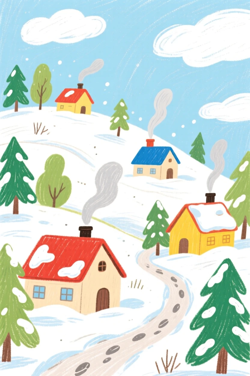 A view of a hillside village blanketed in a light dusting of fresh snow.