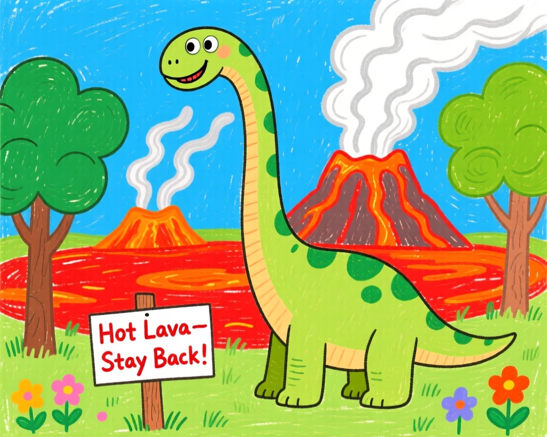 A towering brachiosaurus reaching the treetops beside a steaming volcanic lake.