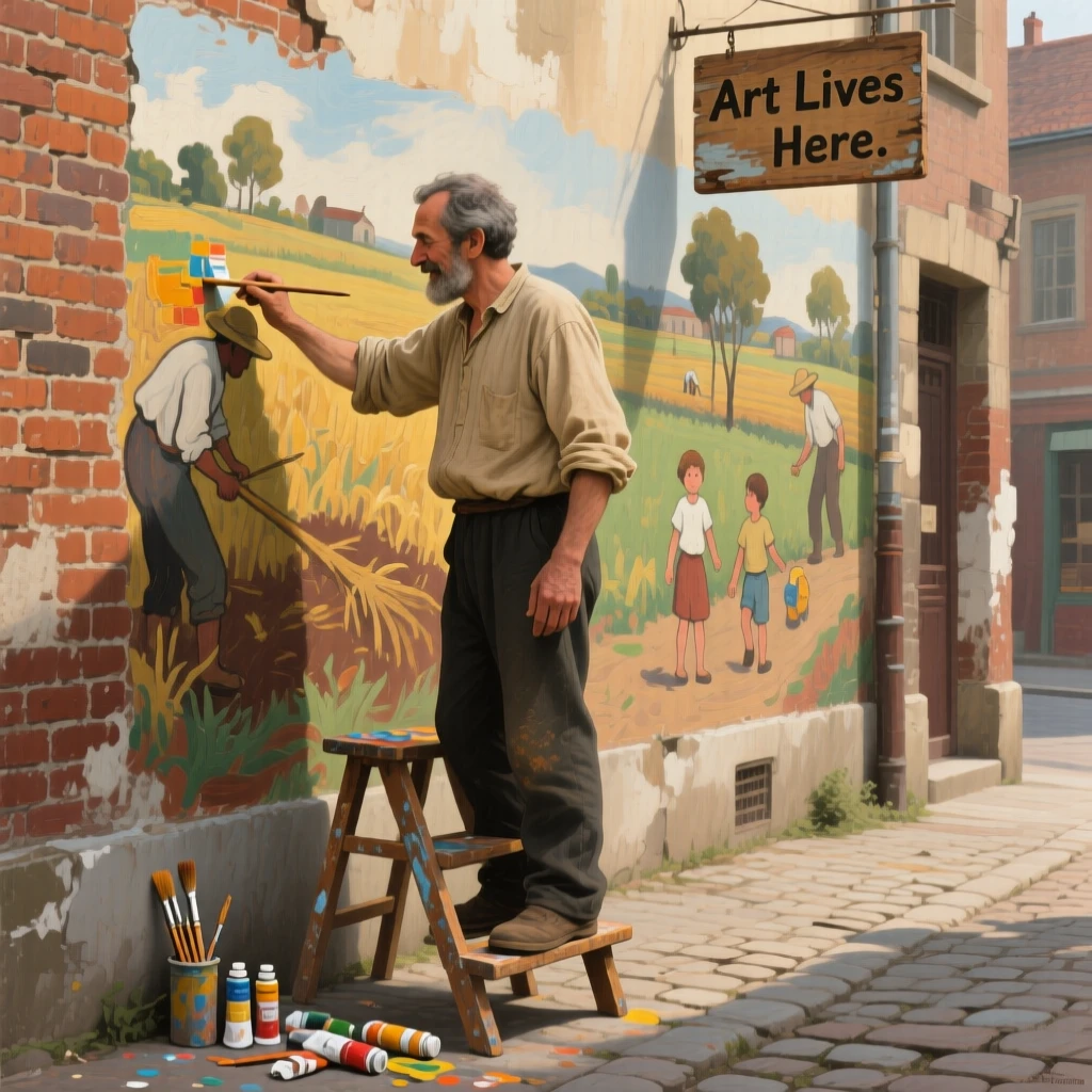 A street artist adding the final brushstroke to a vibrant mural, with soft shadows adding depth and intimacy to the moment, evoking warmth, empathy, and genuine connection