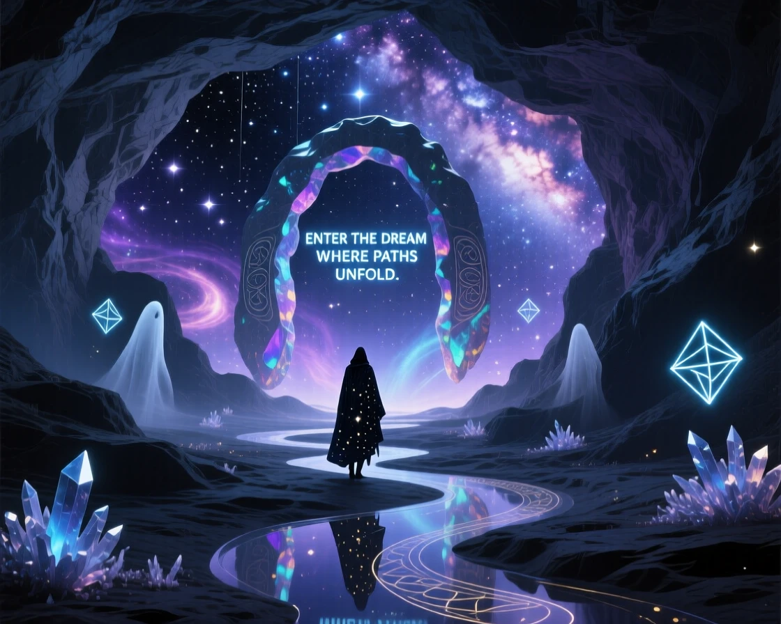 A cave that opens into a sky full of stars instead of stone unfolds new paths each time it is entered, while a lone figure walks quietly through its heart.