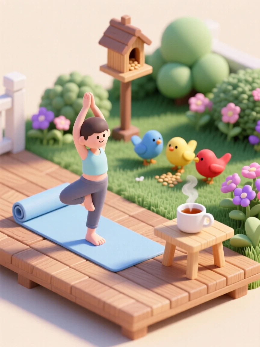 A morning yoga session on a sunlit deck overlooking a garden, a steaming mug of tea nearby, and birds gathering at a feeder in the background.