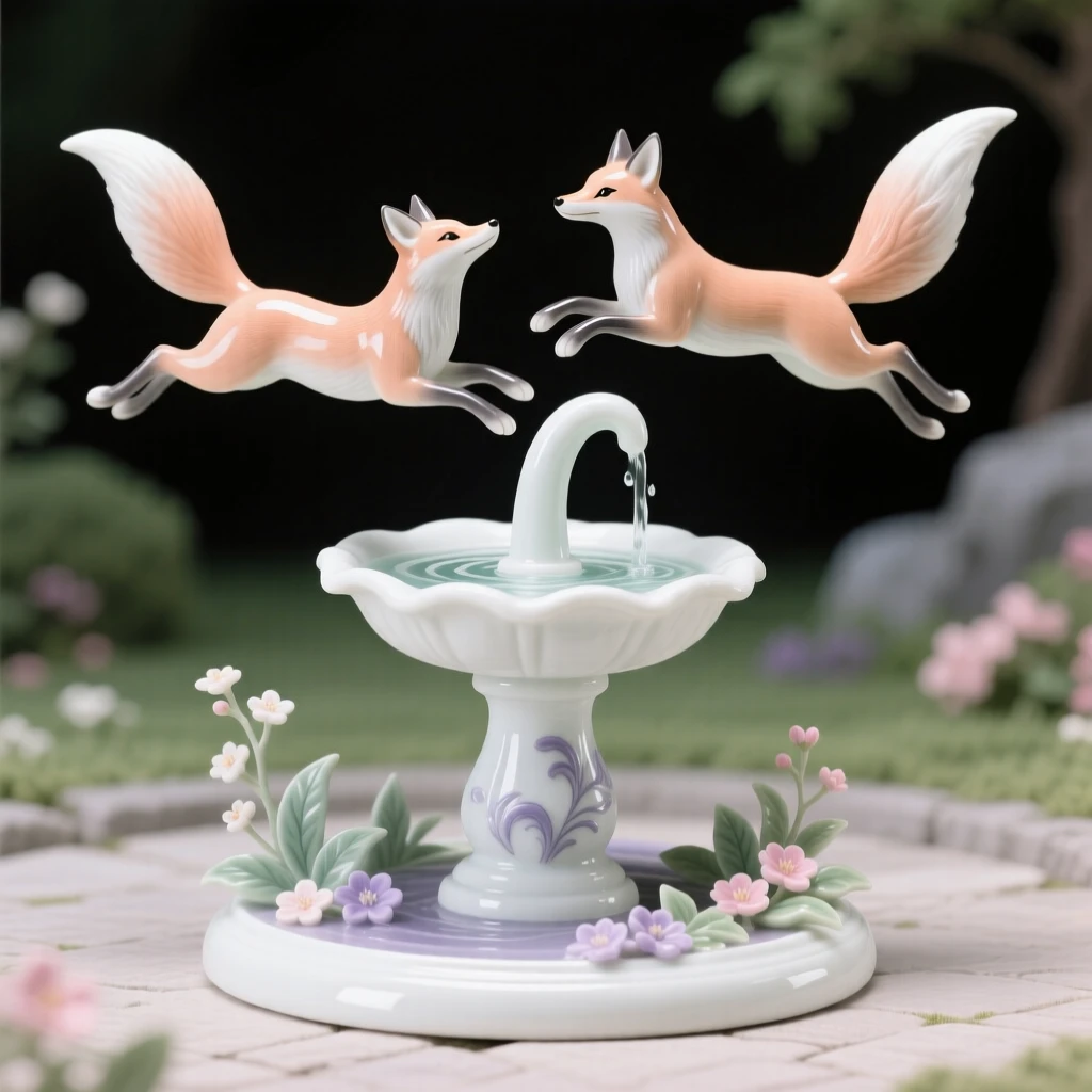 A pair of foxes circling gracefully in flight beside a quiet garden fountain.
