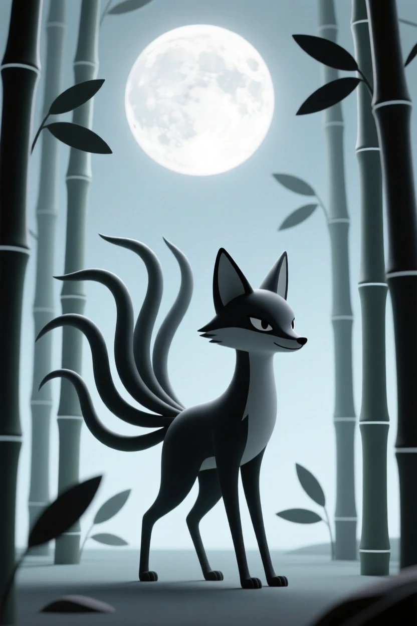 A cunning fox spirit with nine flowing tails weaves through a bamboo forest under a glowing full moon.