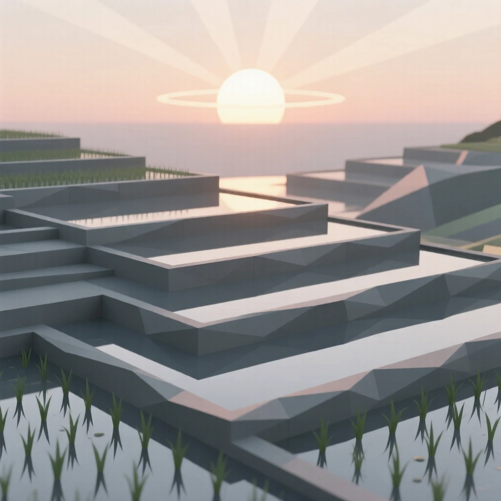A tranquil rice terrace glowing at sunset, as the sun begins to rise. reflections in the water double the scene's beauty. A deep sense of peace fills the landscape.