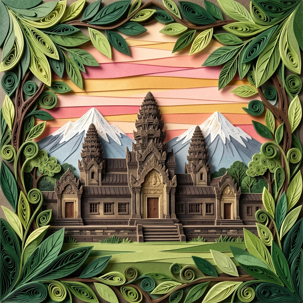 A breathtaking view of the ancient temples of Angkor Wat at sunrise framed by distant snow-capped mountains, in warm golden and rose-colored sunset tones, framed within a natural archway of foliage.