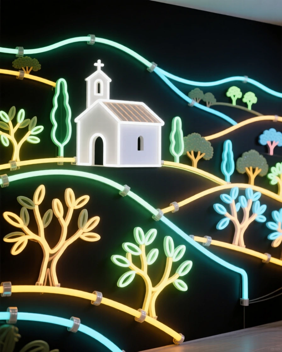 A hillside olive grove surrounding a whitewashed village chapel.