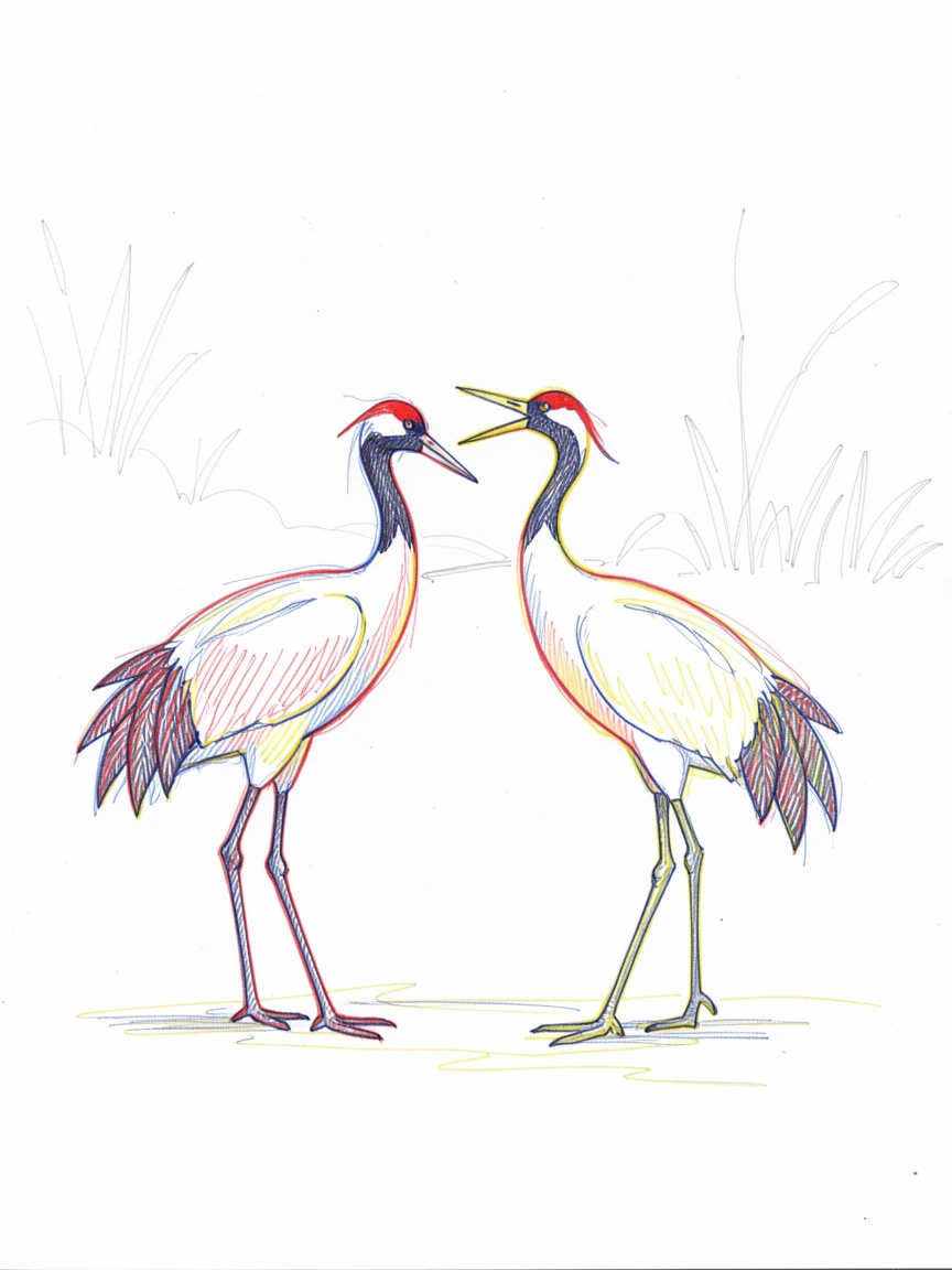 A pair of red-crowned cranes performing an elegant courtship dance