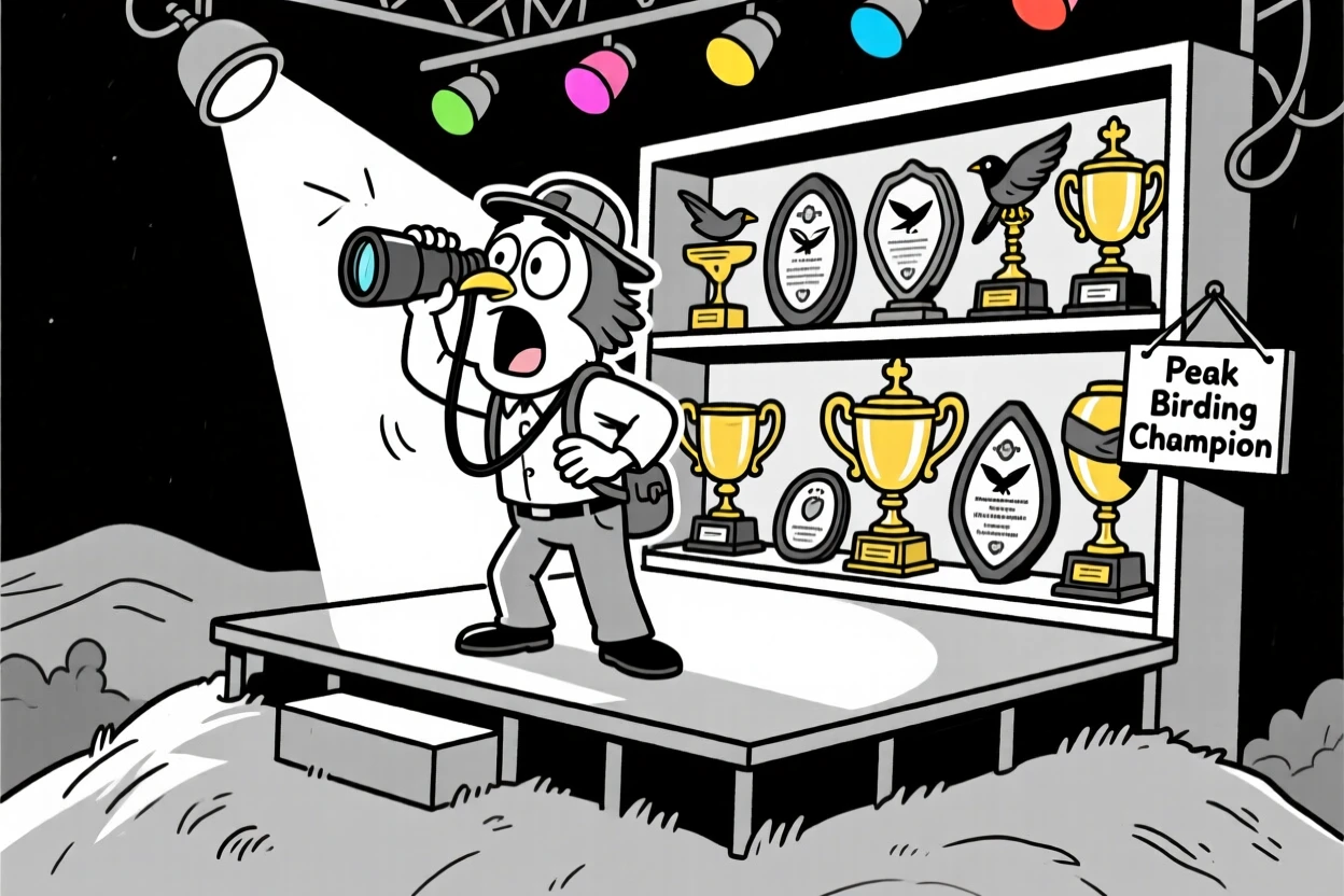 A birdwatcher peering through binoculars with wide eyes, gasping for breath at the top of the hill, set on a small stage under colorful lights. A trophy shelf gleams in the background. The moment captures determination with a comic twist.