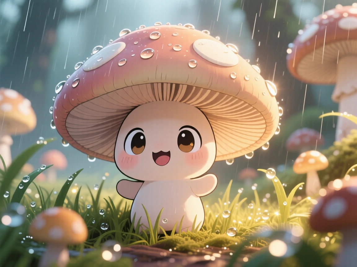 Extreme close-up: a tiny mushroom spirit, opening its cap like an umbrella in the rain, set against a misty fungal forest as morning dew glistens on the grass, with warm fairy-light glow and a mood of curious excitement.