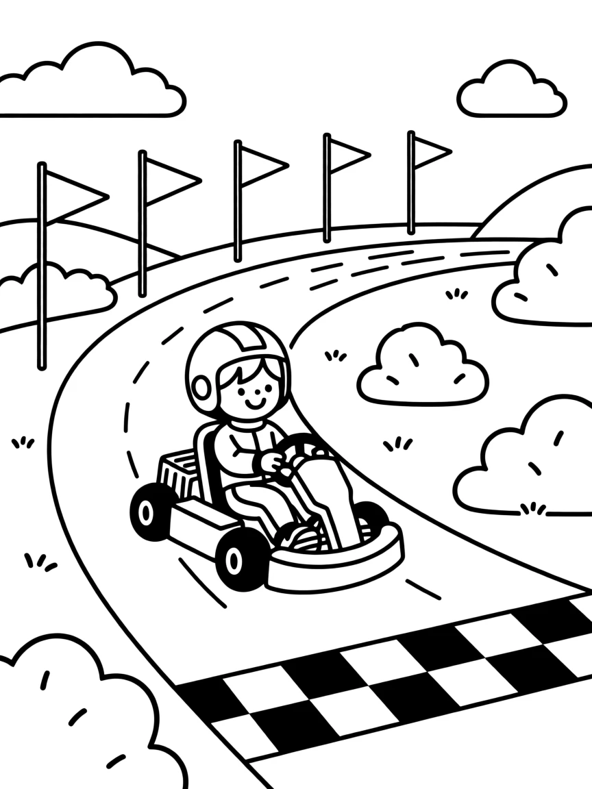 A go-kart racing around a track with colorful flags