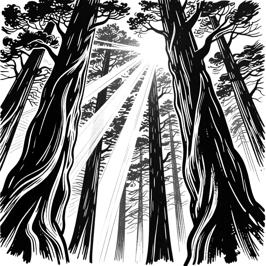 A dense redwood forest with sunbeams piercing through the towering canopy.