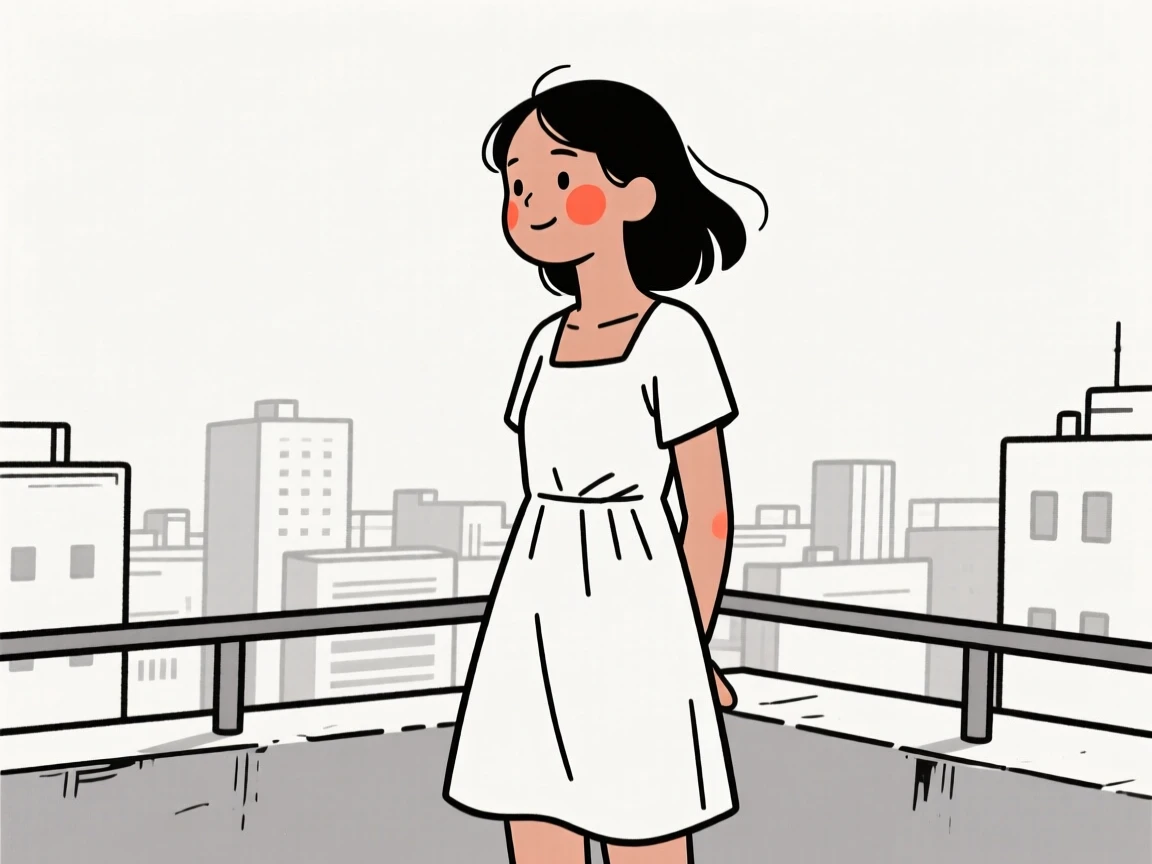 A confident teenager of Cuban heritage in a casual sundress, exuding gentle warmth, on a rooftop overlooking the city.