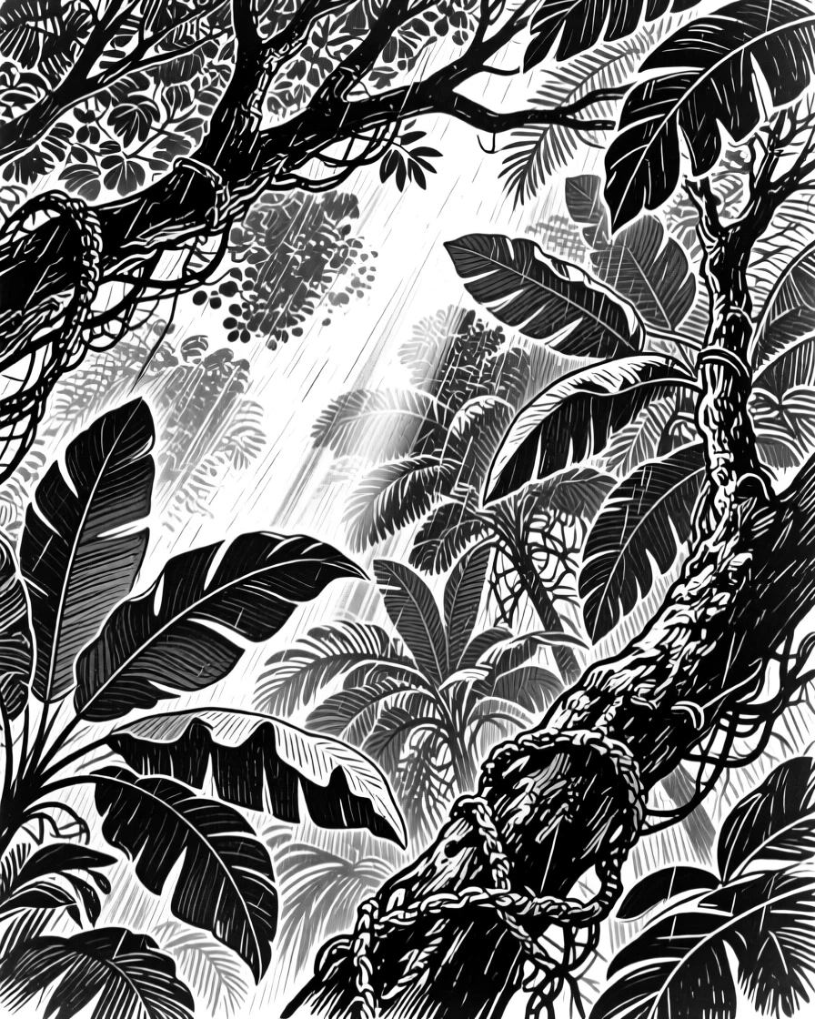 A dense rainforest canopy with sunbeams filtering through the thick foliage.