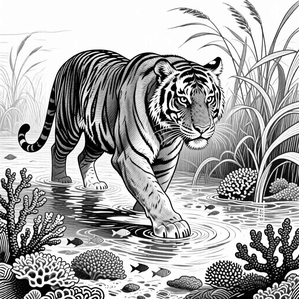 A tiger prowling through tall grass in the shallows of a coral reef, caught in a moment of quiet stillness, capturing a mysterious and alert moment in nature with a strong, centered focal point.