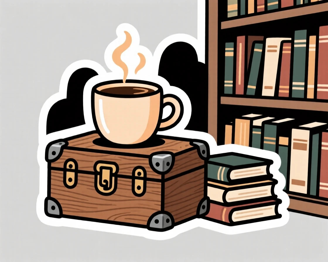 A softly lit steaming coffee mug, sitting atop an old wooden trunk, in a study filled with books.