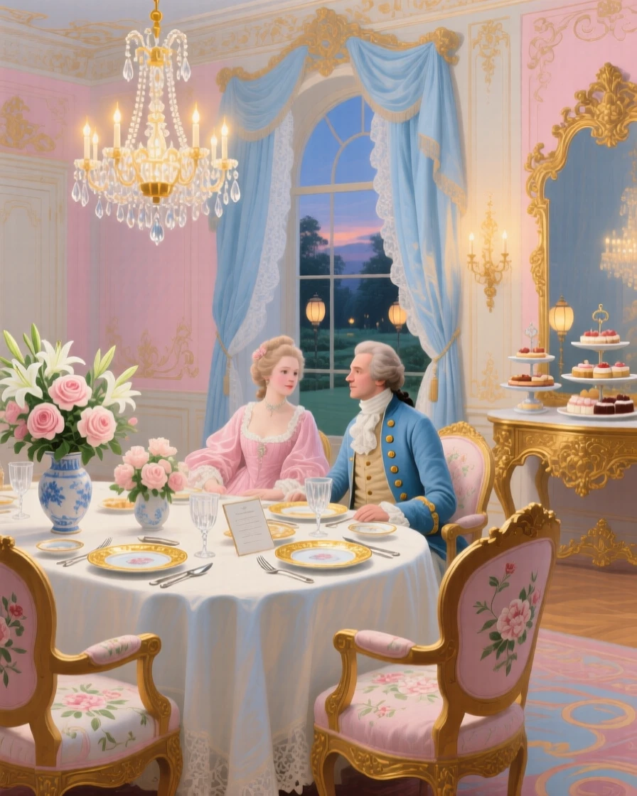 A chandelier-lit dining room prepared for an intimate royal supper  