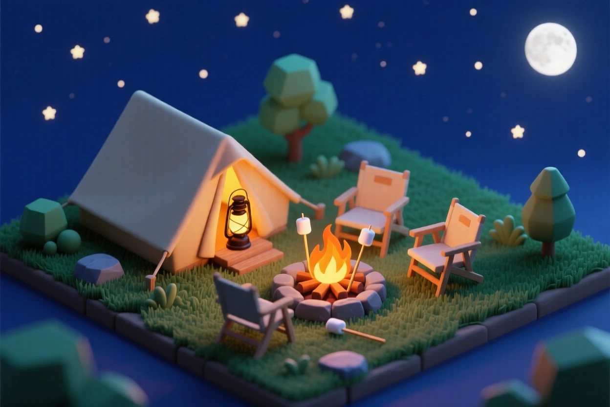A family camping scene in the backyard, a small tent glowing from a lantern inside, marshmallows roasting over a fire pit, and stars twinkling above.