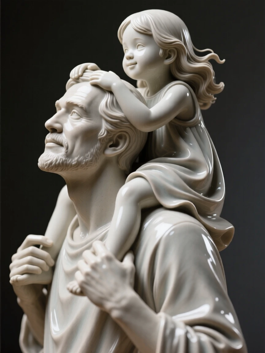 A father lifting his daughter onto his shoulders gazing softly into the distance, draped in flowing garments that ripple with movement, filling the scene with joy and gentle wonder.