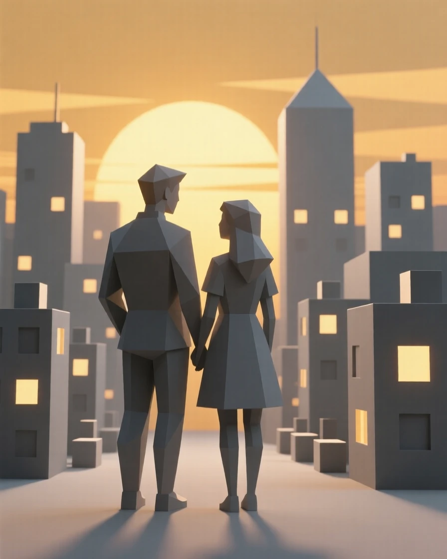 A couple silhouetted against a golden sunset, against a backdrop of city lights. soft backlighting creates a warm, glowing silhouette. The moment feels full of hope and possibility.
