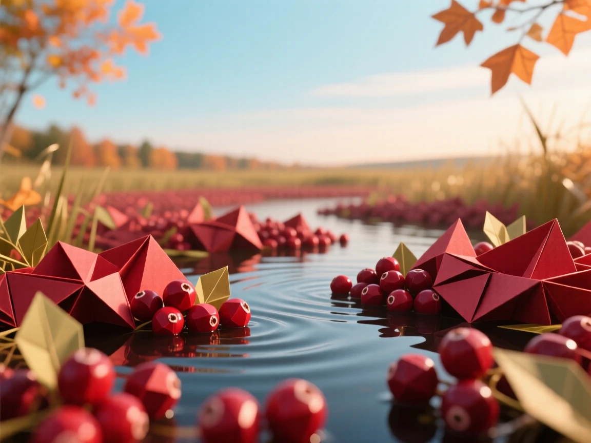 A quiet cranberry bog glowing red at harvest time under a crisp autumn sky.